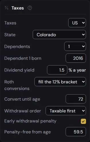 The Taxes section set to US: State Colorado, one dependent born 2016, dividend yield 1.5% a year, Roth conversions fill the 12% bracket until age 72, withdrawal order taxable first, early withdrawal penalty on until age 59.5.
