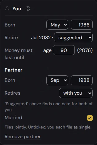 The You section with a partner born September 1988 who retires with you, married.