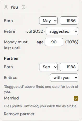 The You section with a partner born September 1988 who retires with you, married.