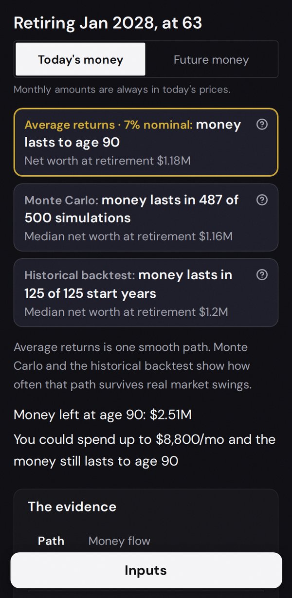 The Fire Planner on a phone: retiring at 63, graded by three models, then the money left at 90 and the most you could spend each month