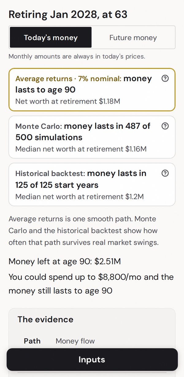 The Fire Planner on a phone: retiring at 63, graded by three models, then the money left at 90 and the most you could spend each month